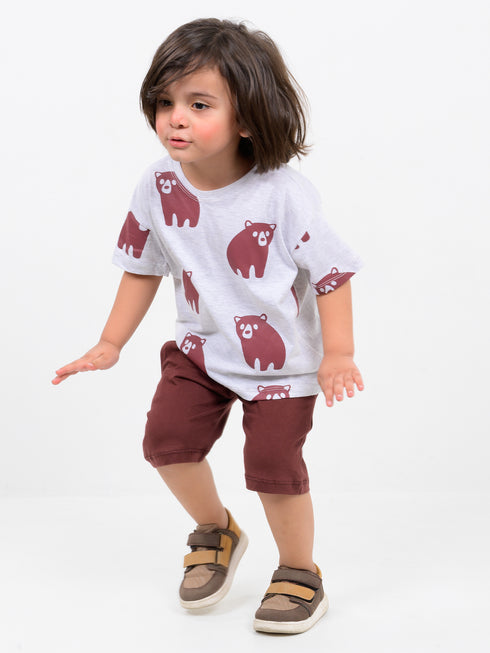 Oversized Bear Buddy Cotton Short Set (Light Grey-Brownish Red)